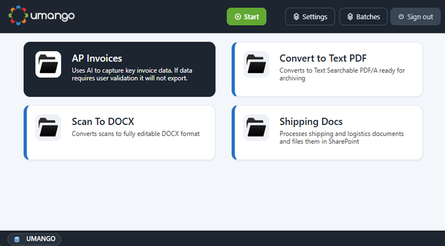 Umango MFD panel showing job tiles: Completed Credit Apps, Invoice Capture (AI) and Japanese Document.