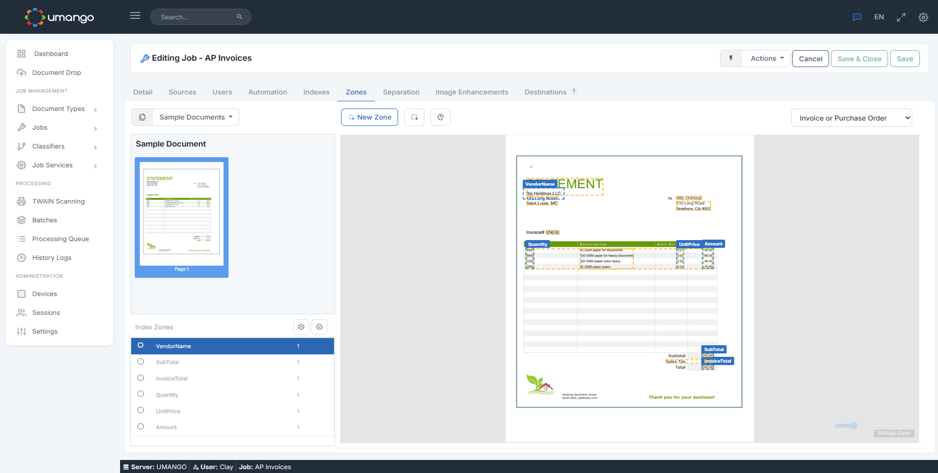 Umango Zones tab with sample invoice and extracted fields including Doc Name and Some Number.